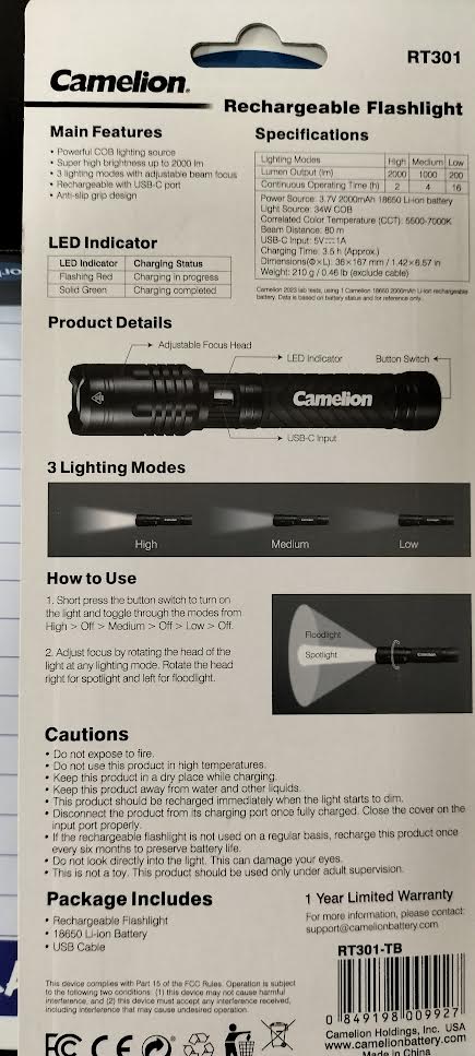 Light Flashlight/Torch 2000 Lumens Rechargeable