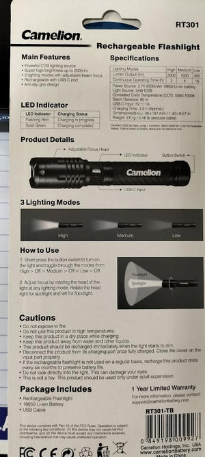 Light Flashlight/Torch 2000 Lumens Rechargeable