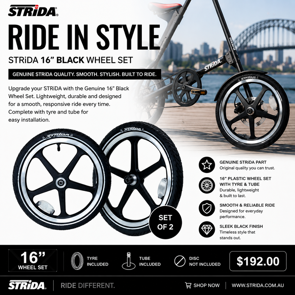Wheels STRiDA Black- Set of 2-16" Tyre & Tube